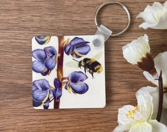 Bee and Flowers Square Wooden Keyring - Cute Bumble Bee Gift