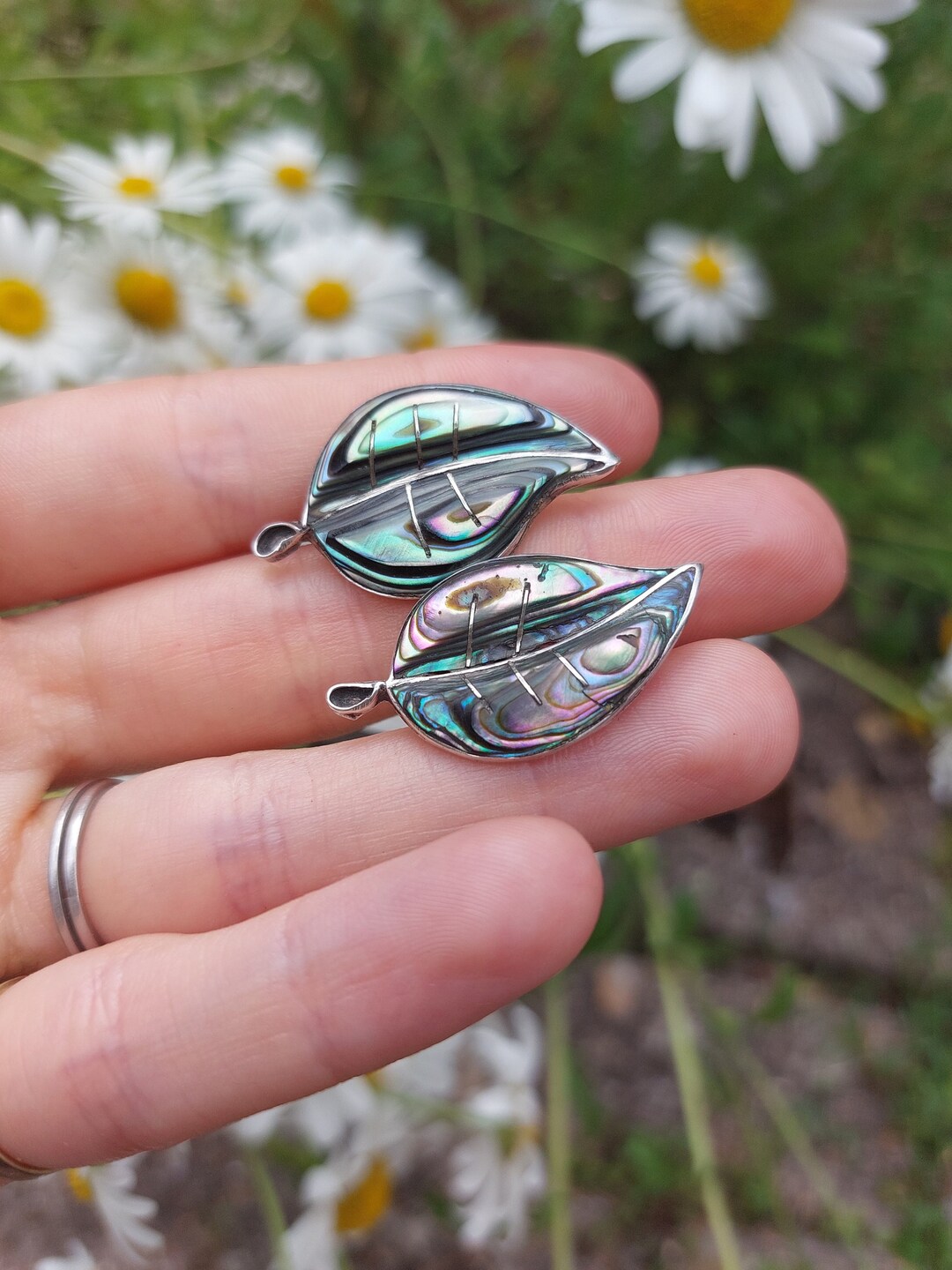 Abalone Shell and Silver Earrings. Leaf Design. North American ...