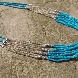 Turquoise Blue Beaded Necklace. Long Multi-Strand Beads. Vibrant Blue with Silver and Clear Beaded Necklace. Boho Beads. Hippie Feel.