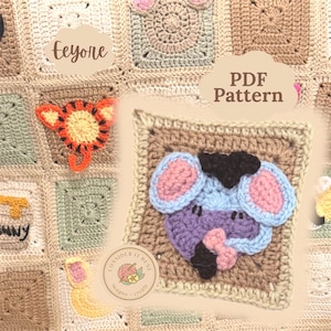 May include: A close-up of a crocheted blanket with various animal-themed squares. The squares feature a tiger, an elephant, and other animal designs. The text "PDF Pattern" is visible, along with the word "Eeyore".