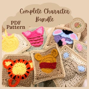 May include: A collection of colorful, crocheted character squares, including a tiger, pig, bear, and donkey. The squares are in various colors, including yellow, pink, and brown. The text "Complete Character Bundle" and "PDF Pattern" are visible.