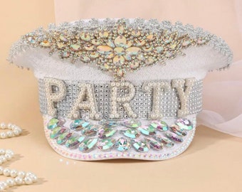 Rhinestone Sequin Beaded Luxury Birthday Captain Hat Accessories Party Rave Club Wear 20th 30th 40th 50th