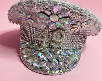Rhinestone Sequin Beaded Luxury Birthday Captain Hat Accessories Party Rave Club Wear Custom Age!