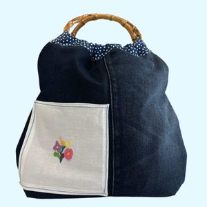 Bamboo Handle Bag - Blue, Harts & Embroidery Flowers, unique bag for everyday use, sturdy bag in shades of blue