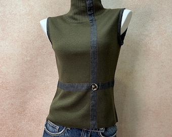 Vintage Wool Turtleneck Knit Top, Olive Green, Denim Trim