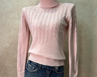 Vintage Baby Pink Cable Knit Turtleneck Sweater: Coquette Balletcore, 100% Cotton knit