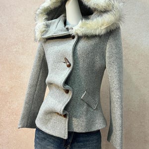 Vintage Asymmetrical Grey Wool Jacket with Faux Fur Hood | Toggle Button Short Peacoat | Fitted Winter Coat