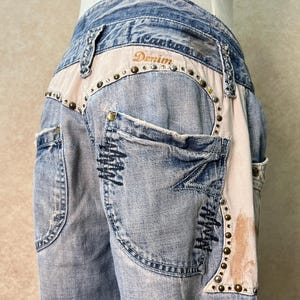 Vintage Studded Distressed Cargo Denim, rhinestones, patchwork, Mid Rise, Y2K