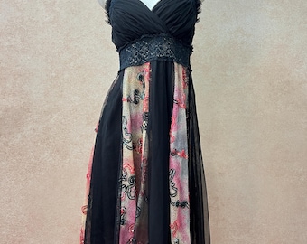 Vintage Adele Fado Black Tulle Dress | Y2K Whimsigoth Sequined Floral Coquette (Size S-M)