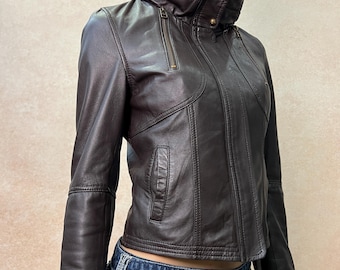Vintage Sheepskin Leather Jacket, Y2K Moto Style, Industrial Zip Detail, Chocolate Brown, XS