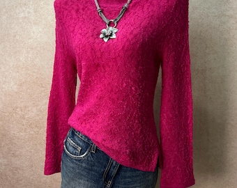 Vintage 90s Hot Pink Textured Mock Neck Sweater, Long Sleeve Knit, Barbiecore