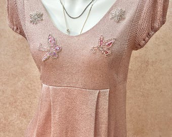 Pink Shimmery Knit Babydoll Top | Beaded Butterfly Blouse, size S