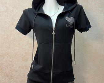 Vintage Bebe-trainingspak: Y2K hoodie en broek met strassteentjes – McBling Loungewear, maat S-M