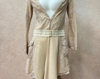 Vintage Cream Lace Asymmetrical Dress, Long Sleeve Pleated Drop Waist Victorian Coquette Tunic