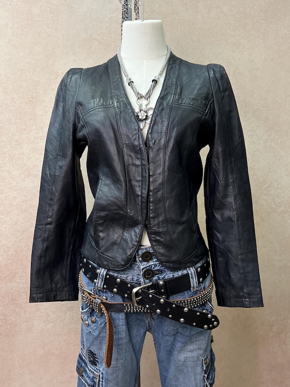 Vintage Black Genuine Leather Moto Blazer, Distressed Biker Jacket, Structured Shoulder,S-M