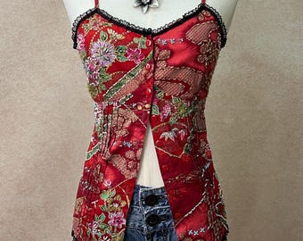 Vintage Red Asian Floral Corset Camisole, Hand-Sewn Beadwork, 100% Cotton, Y2K Boho (XS-S)