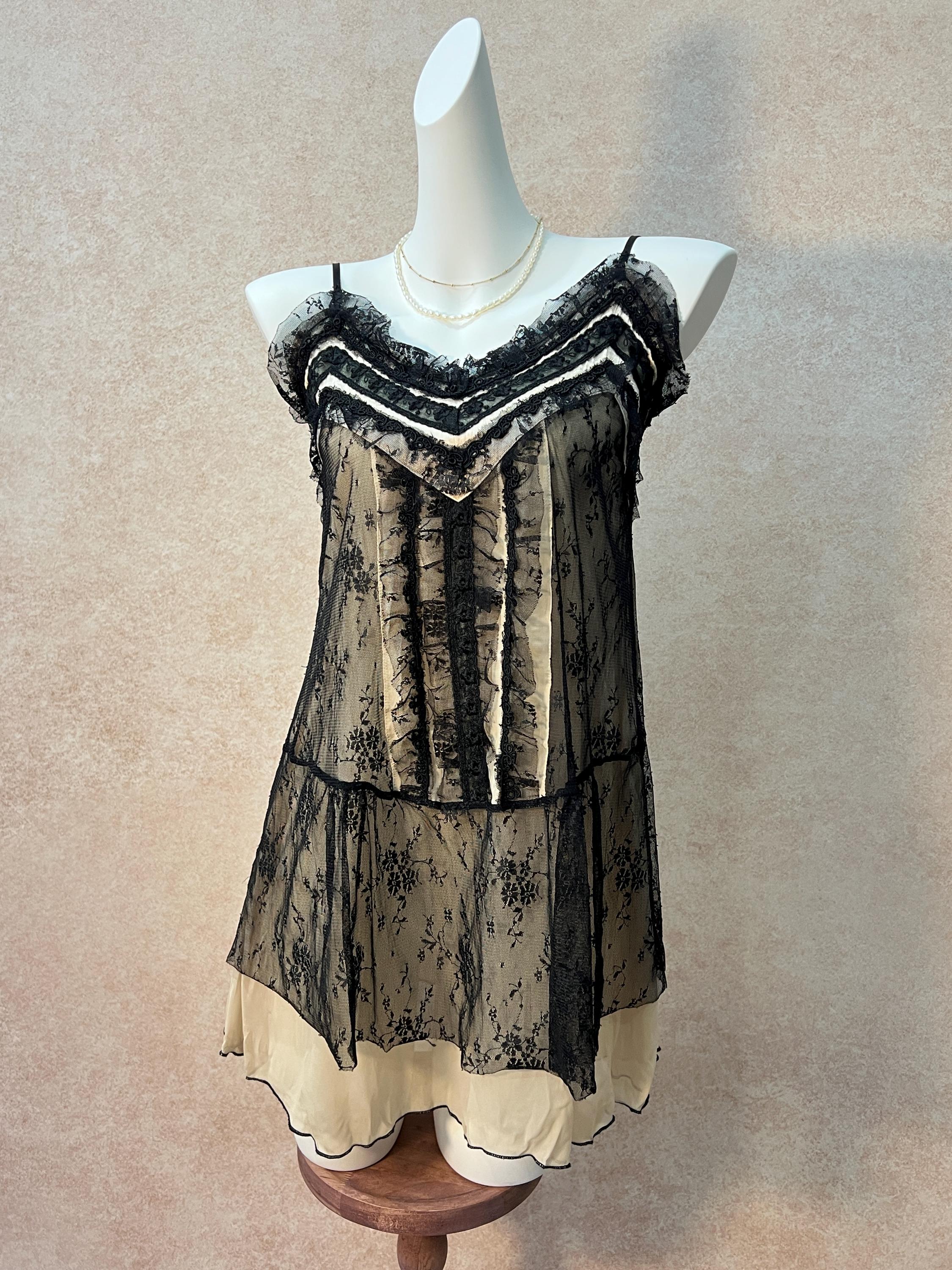 lace cami dress y2k Vintage Y2K Black & White Floral Whimsigoth Fairy Grunge Lace Cami Top Dress / L