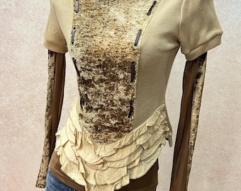 Vintage 90s Y2K 2 Piece Layering Set, Brown Sheer Mesh Mock Neck and Deconstructed Corset Style Ruffle Short Sleeve knit Tee