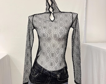 Vintage Y2K Black Sheer Floral Lace Turtleneck – Mock Neck Long Sleeve Mesh Top – Goth Grunge Subversive Basics Layering Tee