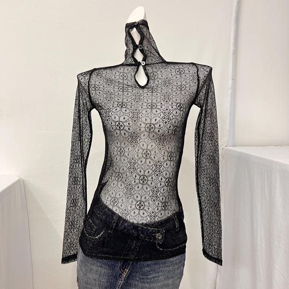 Vintage Y2K Black Sheer Floral Lace Turtleneck – Mock Neck Long Sleeve Mesh Top – Goth Grunge Subversive Basics Layering Tee