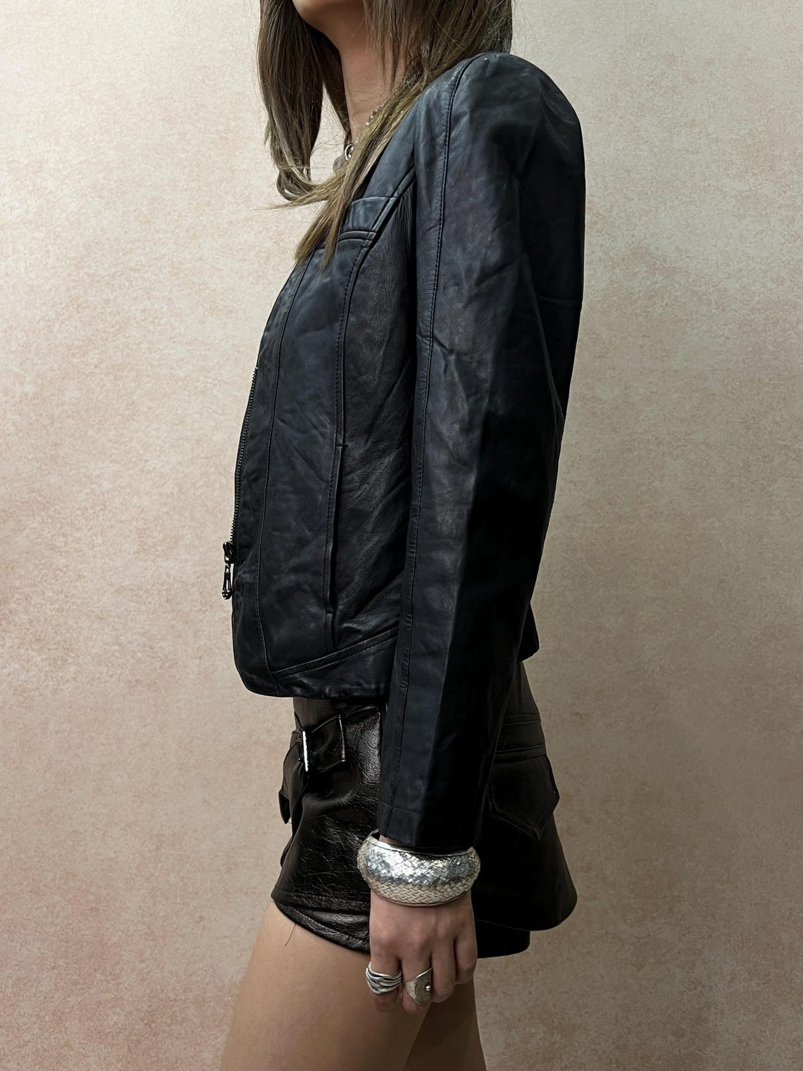 Vintage Black Genuine Leather Moto Blazer, Distressed Biker Jacket, Structured Shoulder,S-M, Foto 3 von 5