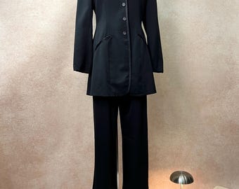 Vintage Black Gothic Tailored Suit Set, 100% Wool, Longline Lace-Up Blazer & Wide Leg Trousers