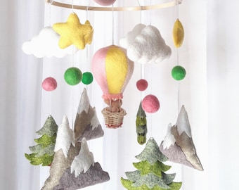Felt Baby Crib Mobile: Hot Air Balloon, Mountains & Trees Nursery Decor