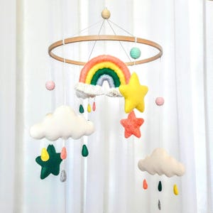 Felt Mobile with Macrame Rainbow, Rainbow Felt Mobile for Girl - Nursery Decor and Baby Gift