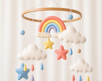 Baby Crib Mobile Rainbow – Felt & Macrame Mobile, Neutral Nursery Decor, Handmade Baby Boy Mobile, Baby Shower Gift