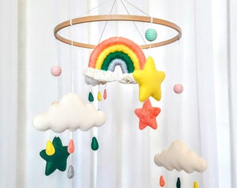 Felt Mobile with Macrame Rainbow, Rainbow Felt Mobile for Girl - Nursery Decor and Baby Gift