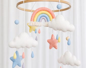Baby Crib Mobile Rainbow – Felt & Macrame Mobile, Neutral Nursery Decor, Handmade Baby Boy Mobile, Baby Shower Gift