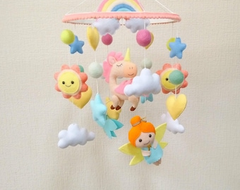 Felt Unicorn Baby Girl  Mobile: Rainbow Fairy Nursery Decor