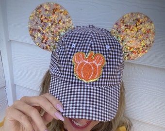 Fall Disney Hat - Cute Hat for Thanksgiving Disney Vacation - Brown White Gingham Check Hat - Plaid Cap With Mickey Pumpkin Patch