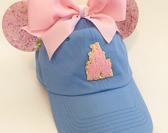 Women’s Blue Hat With Pink Bow -  Blue SCL Dupe Hat with Pink Castle Patch and Custom Glitter Mouse Ears - Preppy Hat for Disney Vacation