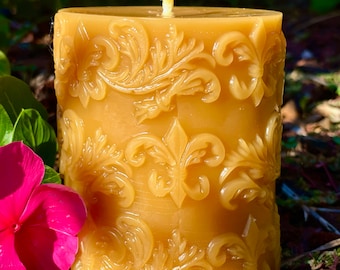 Fleur de Lis, Symbol of the Blessed Virgin Mary - 100% Beeswax Pillar Candle, 11.3 oz., burn time about 72-75 hr