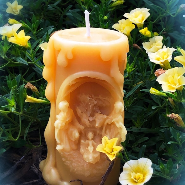 Nativity Scene pillar candle, 100% pure yellow beeswax, hand-poured