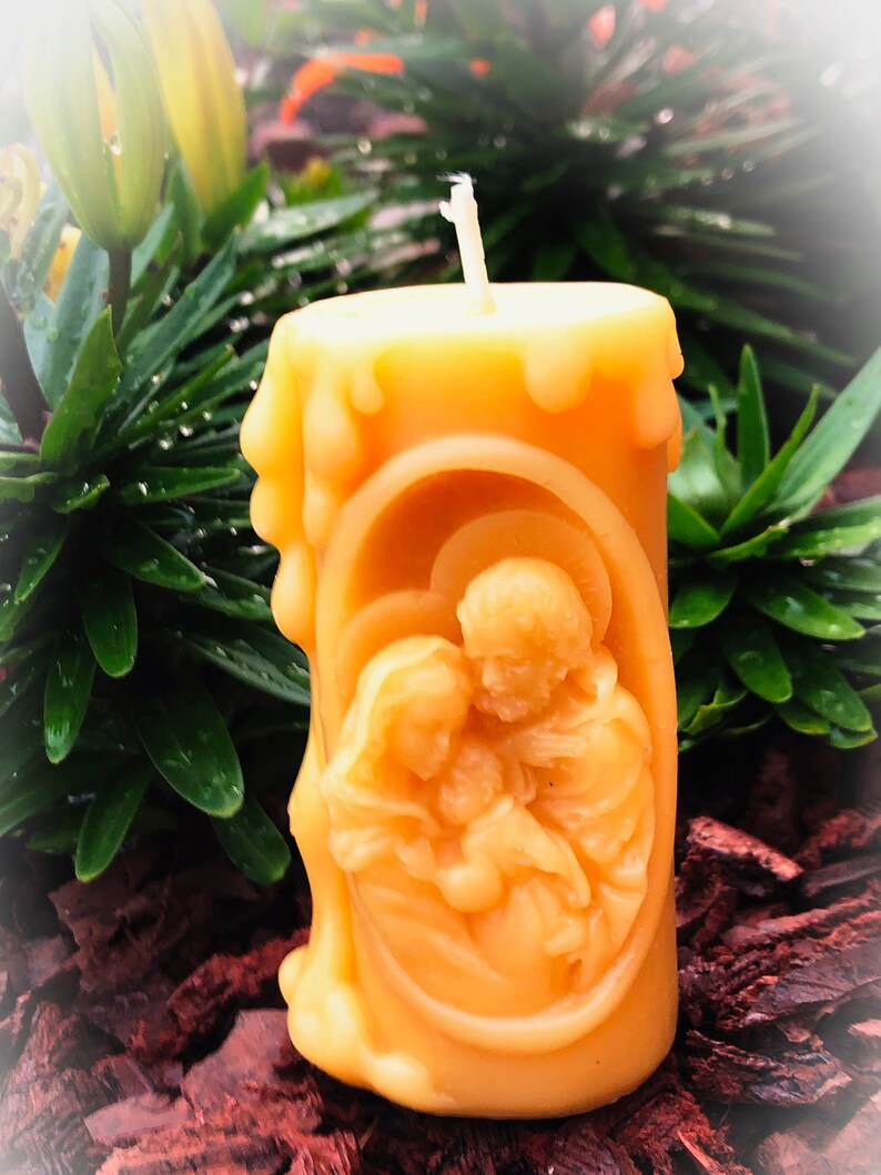 Jesus Mary & Joseph pillar candle 100% pure blessed yellow image 0