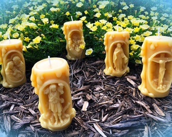 100% Pure Yellow Beeswax Set of 5 Pillar Candles in a Catholic Christian theme