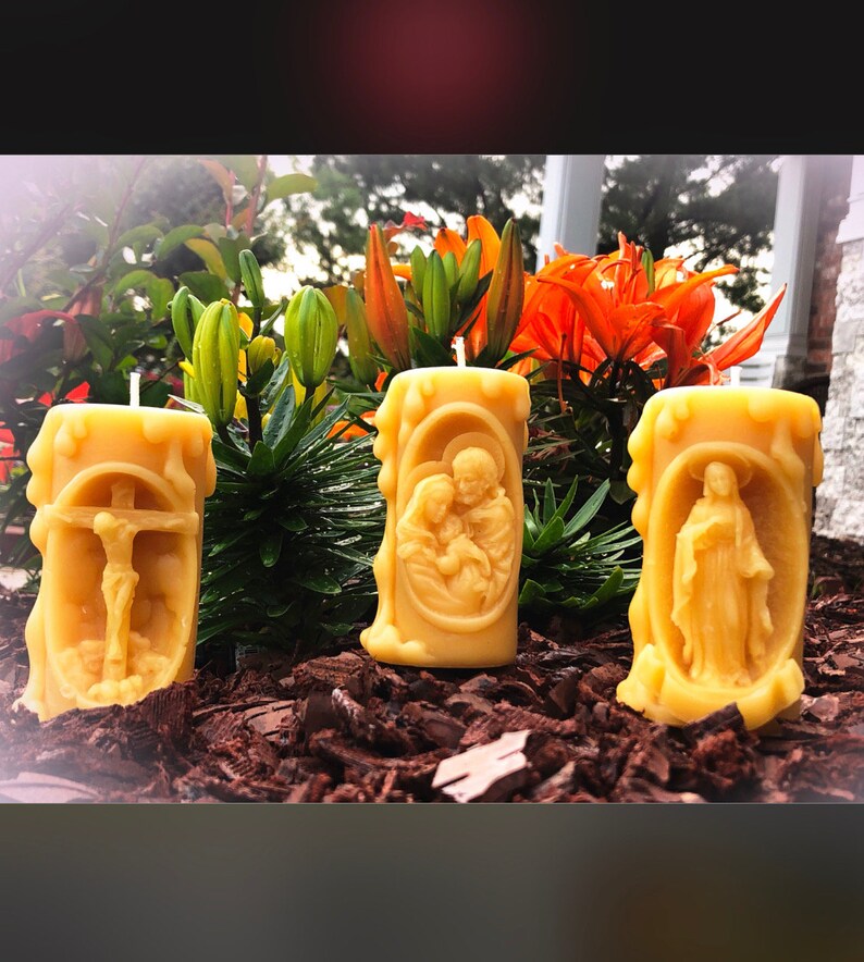 Beautiful set of 3 Catholic themed 100% pure beeswax blessed image 0