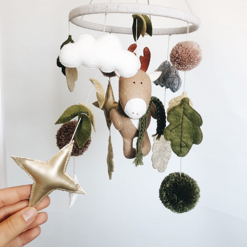 Neutral Baby Mobile Nursery Mobile Felt Woodland Animal Deer, Crib