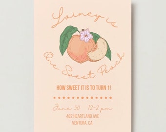 Sweet Peach 1e verjaardagsuitnodiging, bewerkbare sjabloon (digitale download)