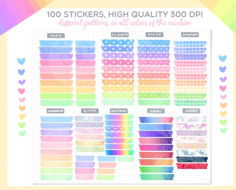 Rainbow Pastel Digital Washi Tape Stickers for Goodnotes 5 Planner ...