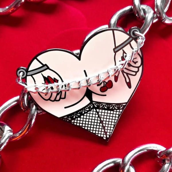 Sexy Anime Heart Pin - BDSM Kinky Handcuffs Butt Hard Enamel Pin
