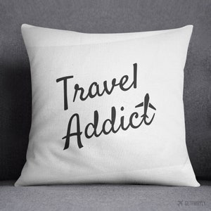 Travel Addict Throw Pillow | Airplane Typography Travel Inspiration | Travel Gift | Gray and White Square Zippered Polyester Cover & Insert