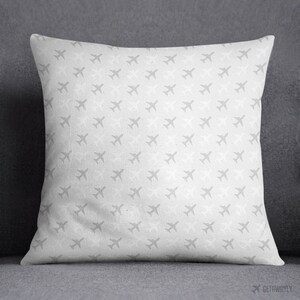 Airplane Pattern Throw Pillow | Airplane Travel Pillow | Travel Gift | Gray and White Square Zippered Polyester Cover & Insert