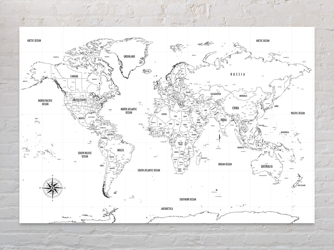 Black And White World Map With Countries Labeled