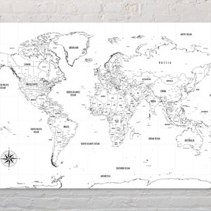 World Map Black and White Poster Minimalist Travel Map Wall - Etsy