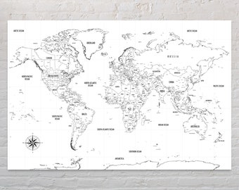 World Map Black And White Labeled Black And White World Map | Etsy