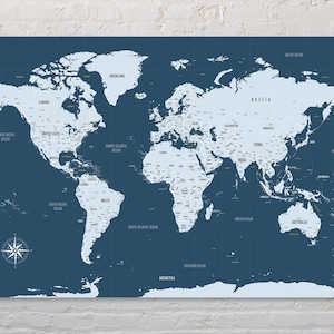 Weltkarte Poster | Blaue Reisekarte Wandposter | Städte, Flüsse, Seen, Staaten & Länder | Reisegeschenk | Premium Strukturiertes Canvas-Material