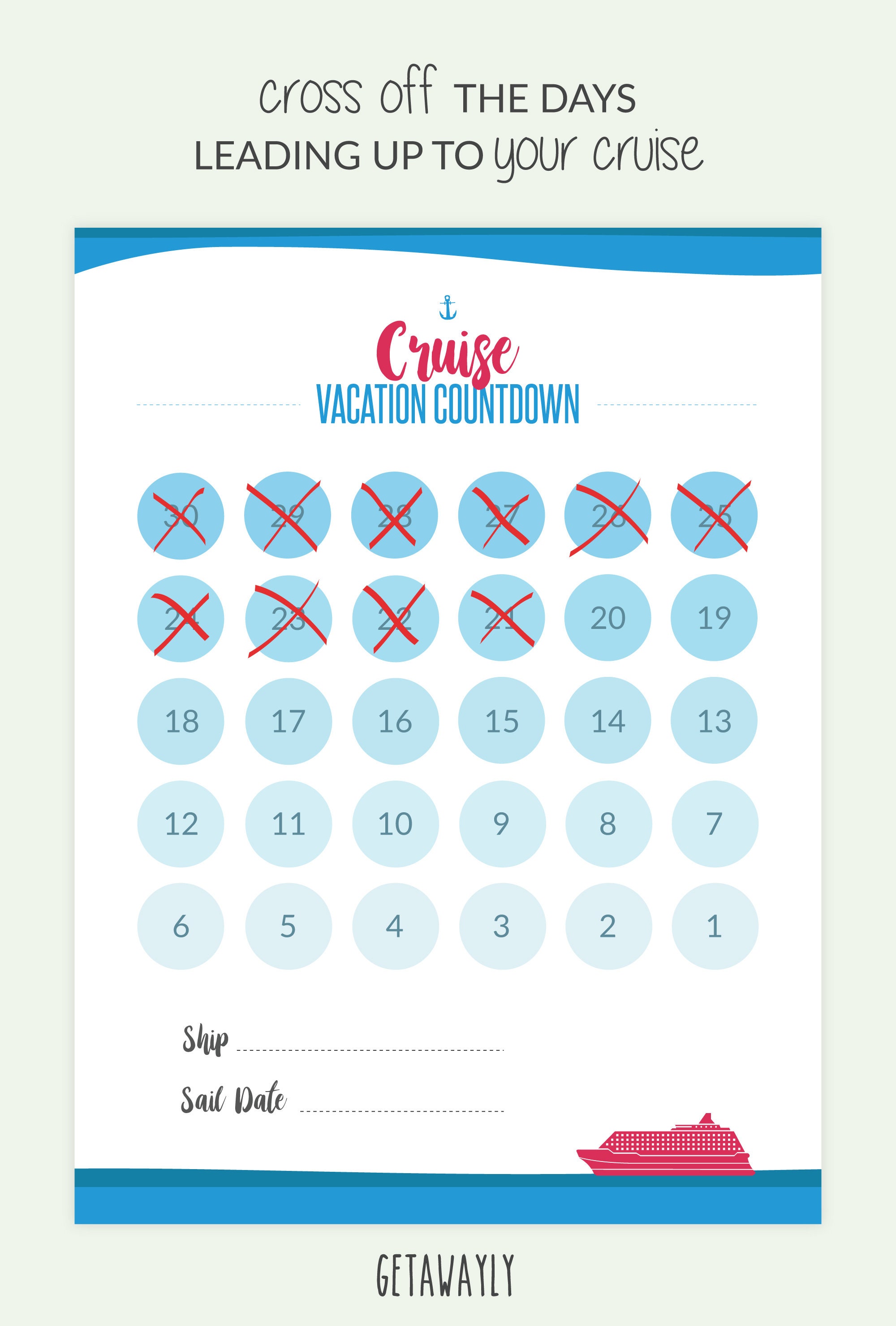 Cruise Vacation Countdown Printable Poster 30 Day Countdown Etsy
